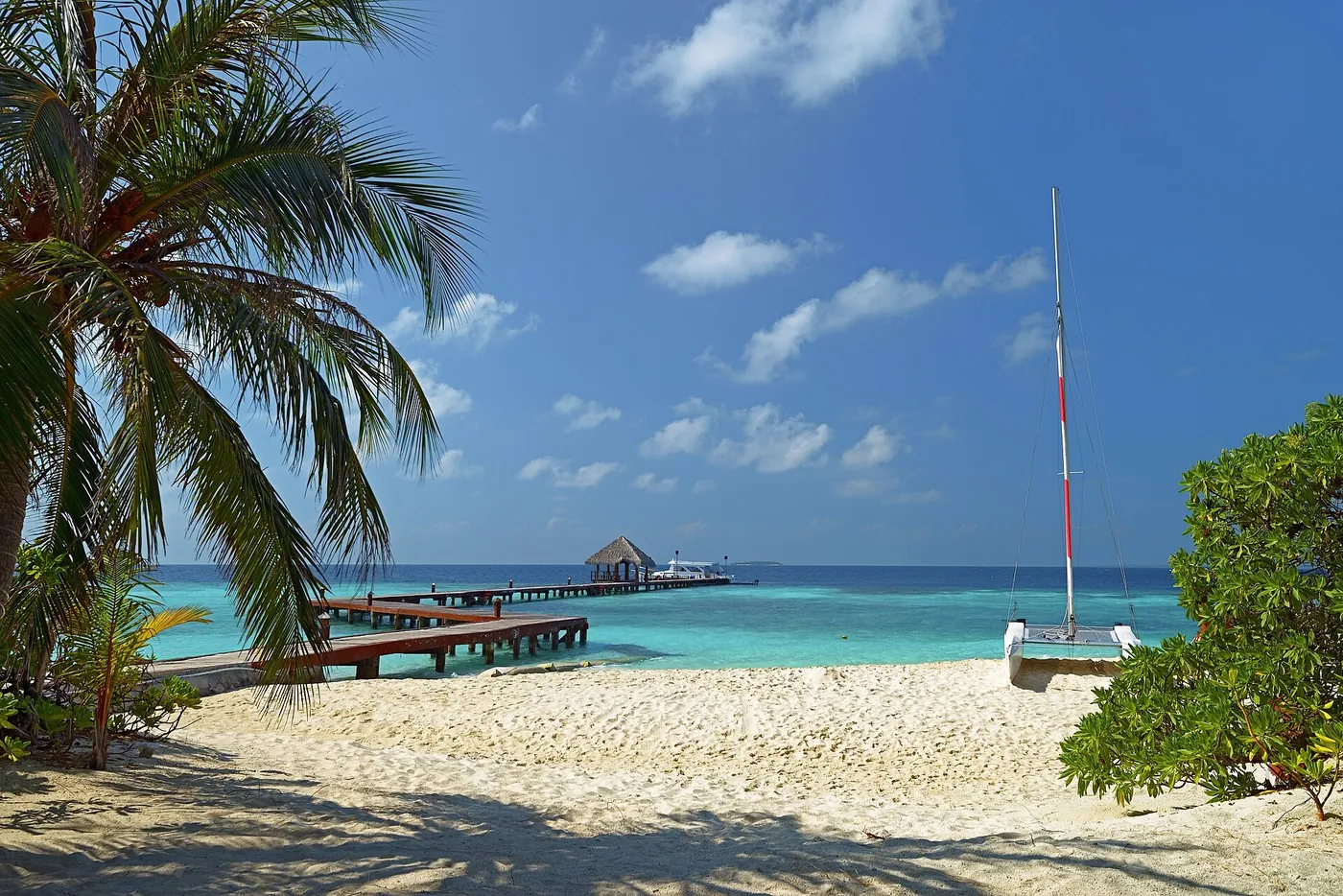Plajă, palmieri și ponton pe insula Eriyadu din Maldive